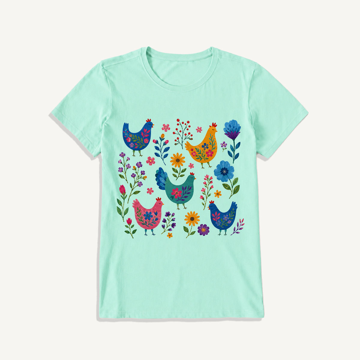 Colorful Folk Hens Print Crew Neck Cotton Tee