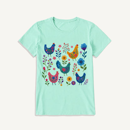 Colorful Folk Hens Print Crew Neck Cotton Tee
