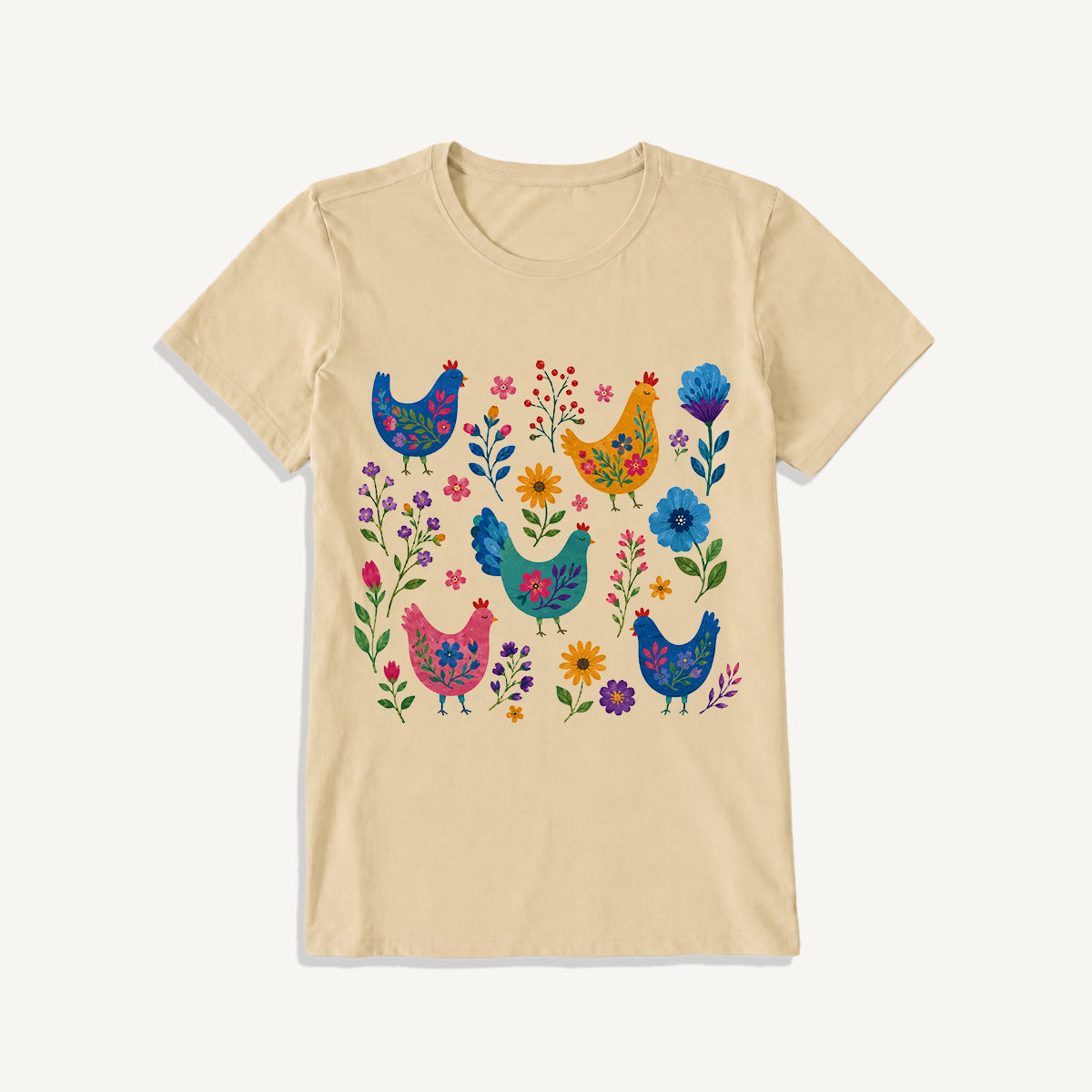 Colorful Folk Hens Print Crew Neck Cotton Tee