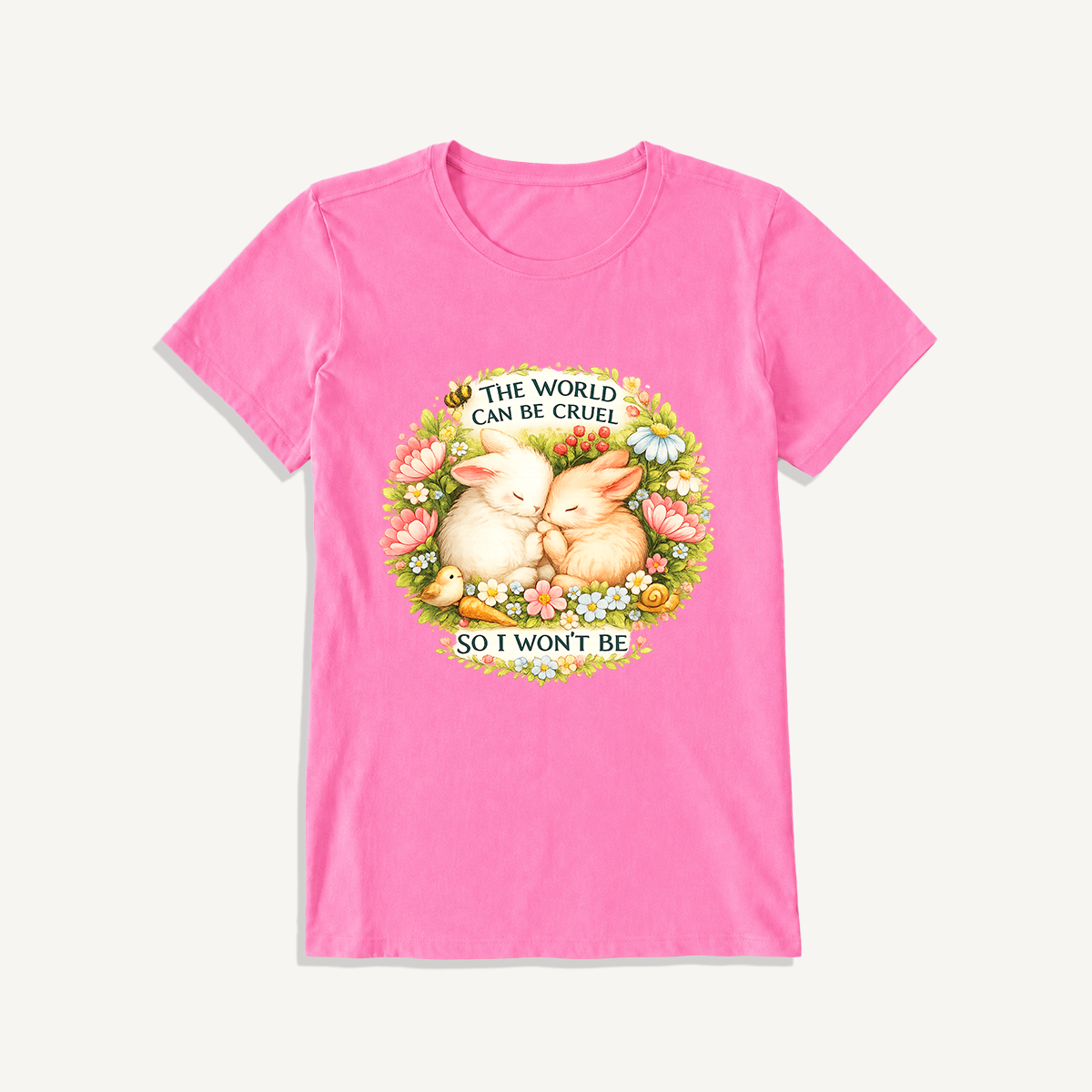 Gentle Bunny Embraces Print Crew Neck Cotton Tee