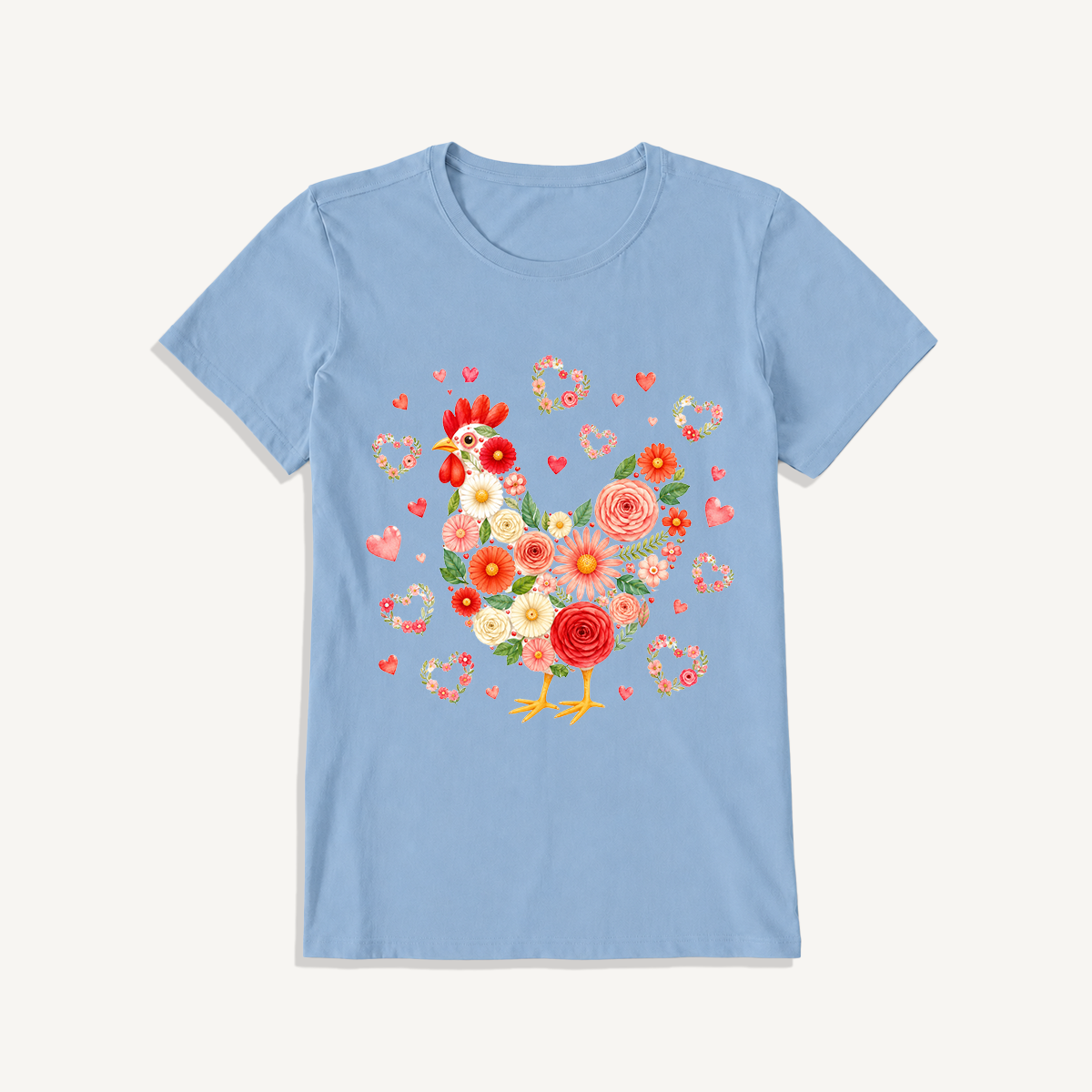 Blooms Floral Chicken Print Crew Neck Cotton Tee