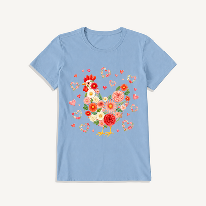 Blooms Floral Chicken Print Crew Neck Cotton Tee