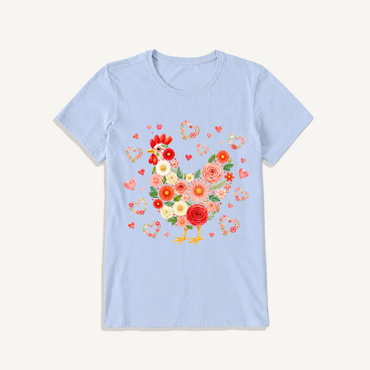 Blooms Floral Chicken Print Crew Neck Cotton Tee