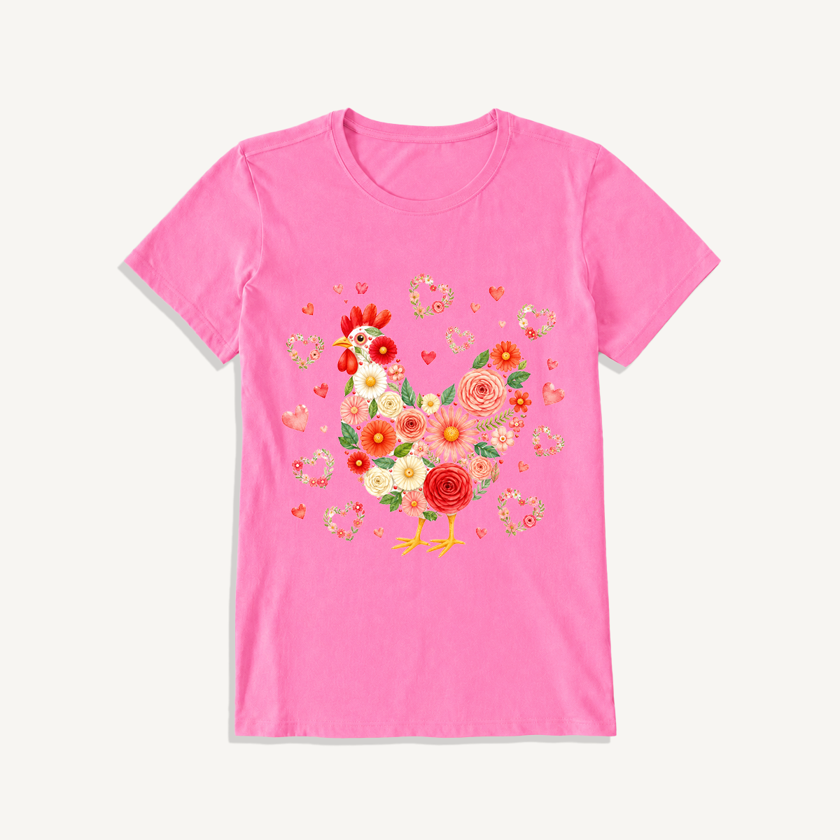 Blooms Floral Chicken Print Crew Neck Cotton Tee