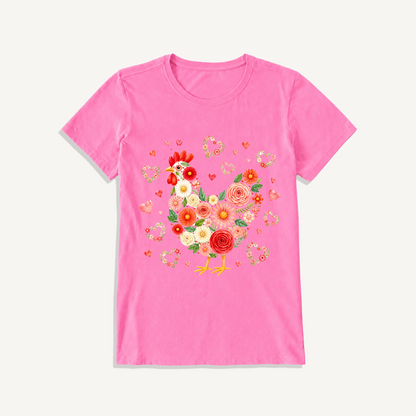 Blooms Floral Chicken Print Crew Neck Cotton Tee