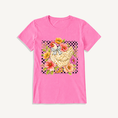 Chic Leopard Hen Print Crew Neck Cotton Tee