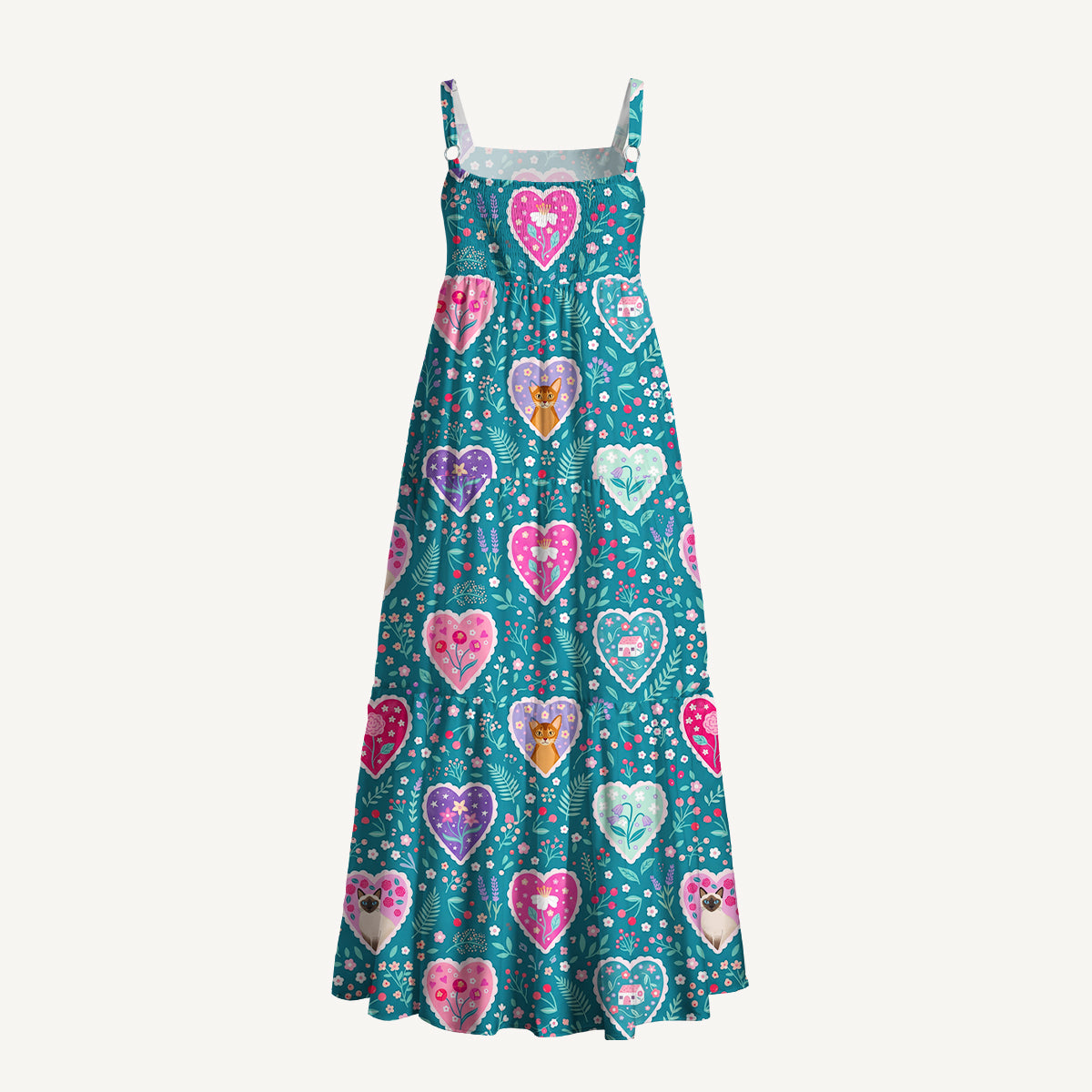 Woodland Hearts Cat Print Wide Straps Maxi Dress With Pockets