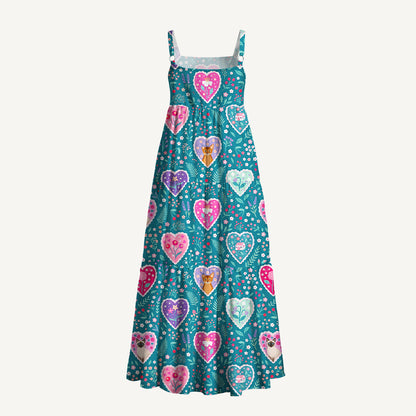 Woodland Hearts Cat Print Wide Straps Maxi Dress With Pockets
