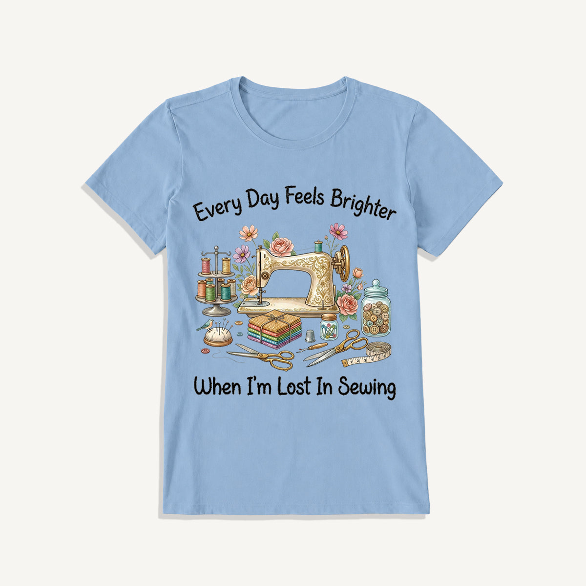 Lost in Sewing Joy Print Crew Neck Cotton Tee