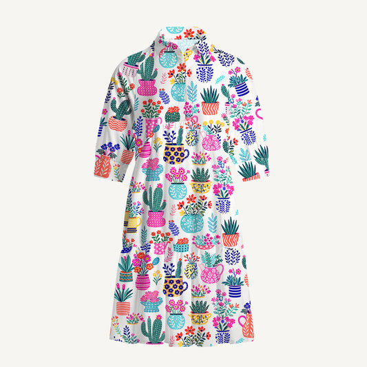 V Neck Collared Cactus and Flowers Mini Dress For Women With Pockets