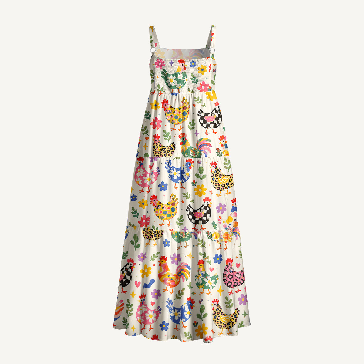 Funky Retro Chicken Print Wide Straps Maxi Dress With Pockets
