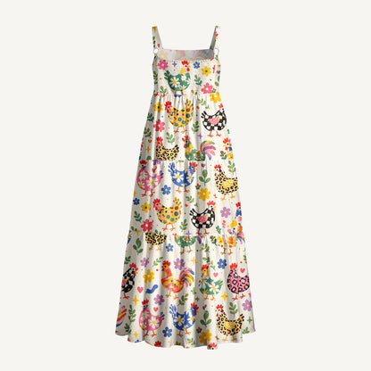 Funky Retro Chicken Print Wide Straps Maxi Dress With Pockets
