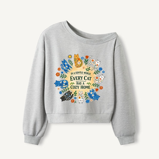 Floral Cats Cozy Home Print Off Shoulder Sweatshirts