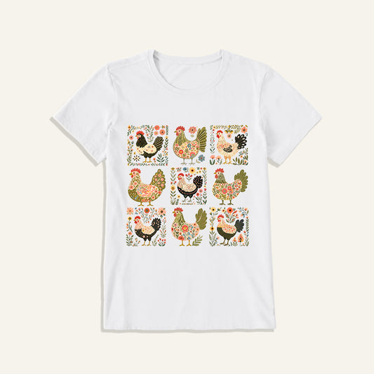 Folk Hen Grid Print Crew Neck Cotton Tee
