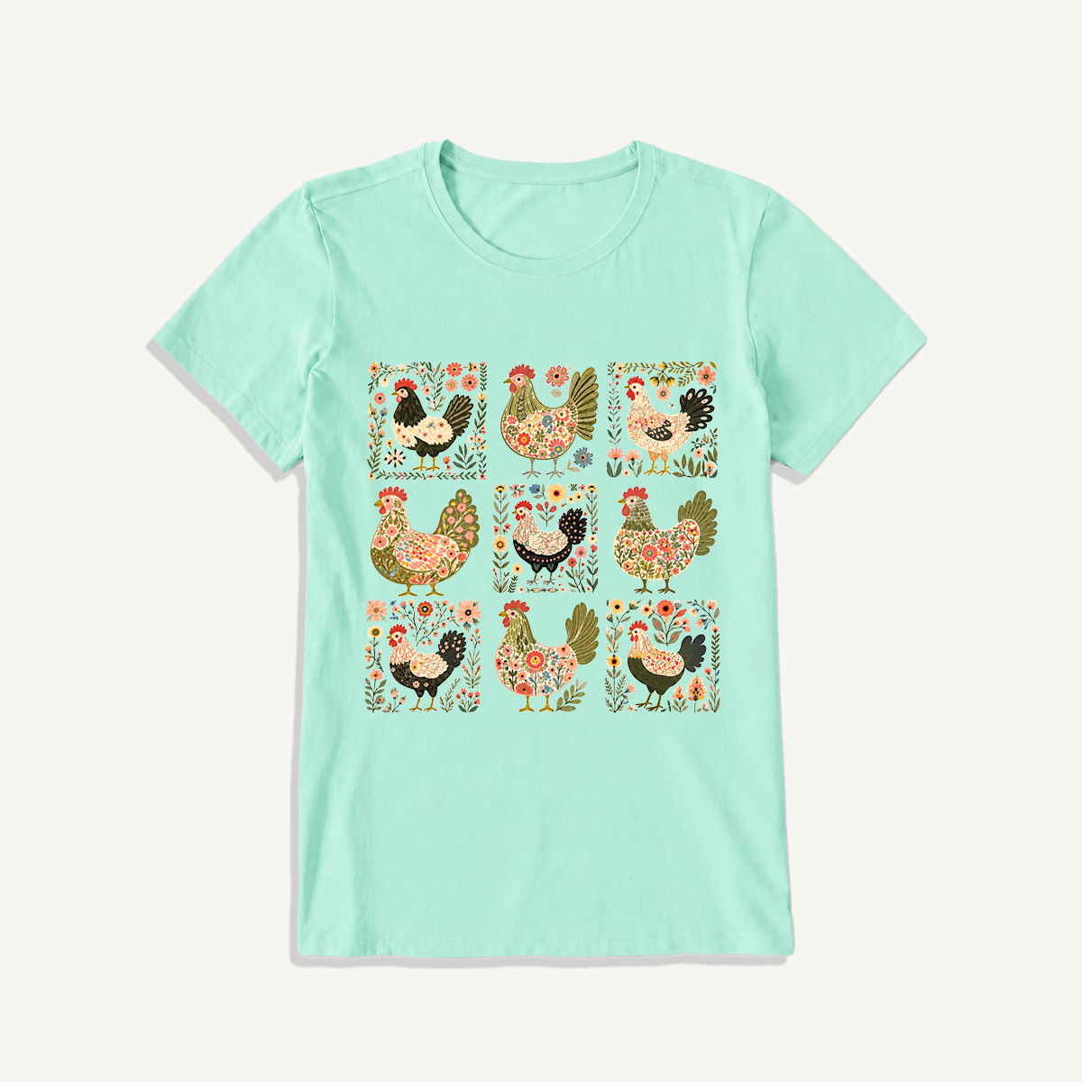 Folk Hen Grid Print Crew Neck Cotton Tee