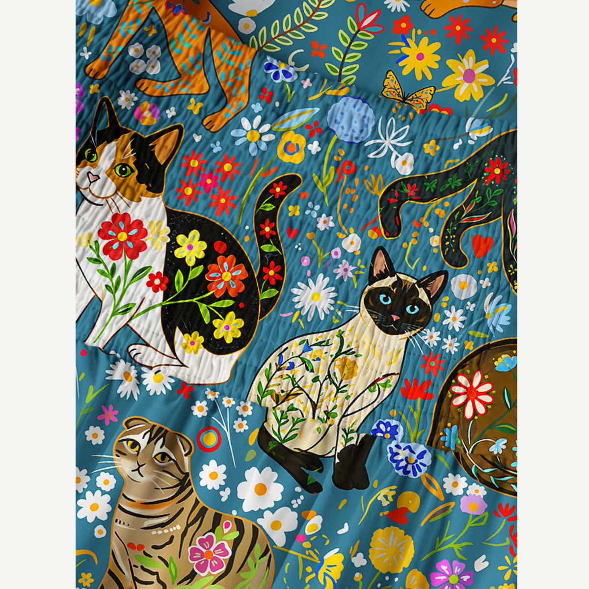 Colorful Garden Cat Pattern Print Cotton Wide Straps Maxi Dress With Pockets