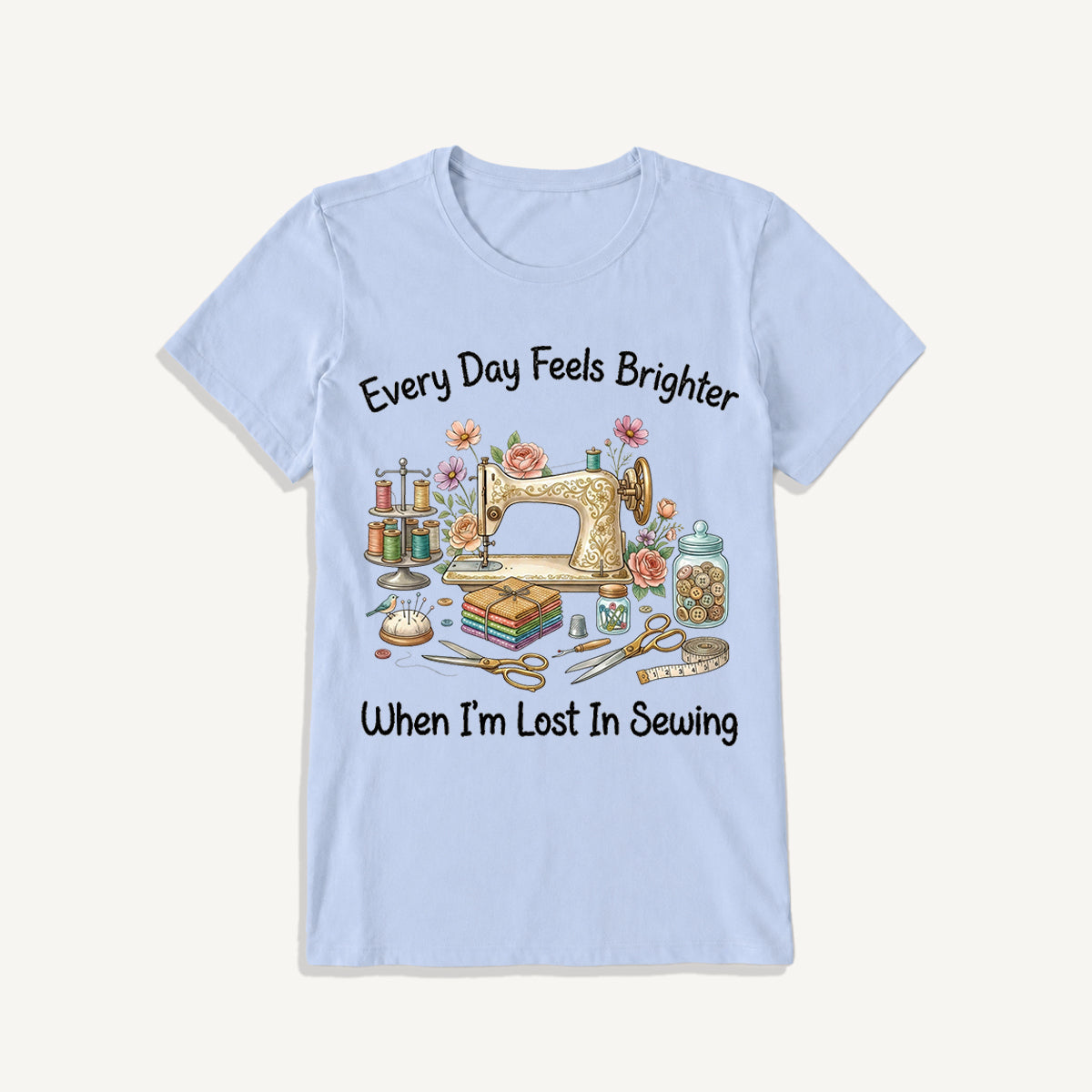 Lost in Sewing Joy Print Crew Neck Cotton Tee