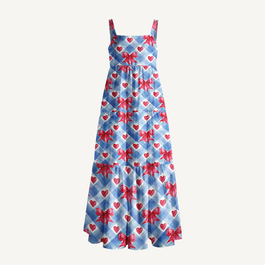 Patriotic Gingham Bows Print Quilt Wide Straps Maxi Dress With Pockets