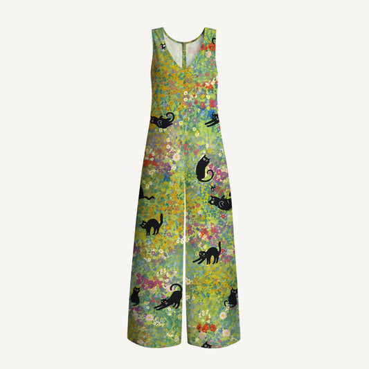 Wildflower Garden Black Cat Print Boho Jumpsuit with Pockets for Women