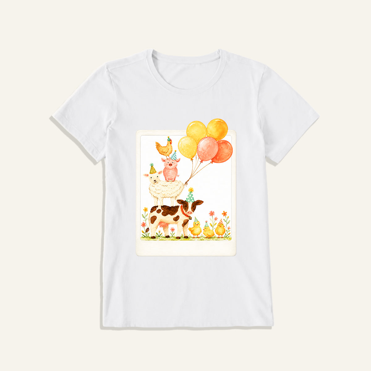 Farm Party Portrait Print Crew Neck Cotton Tee