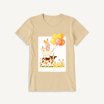 Farm Party Portrait Print Crew Neck Cotton Tee