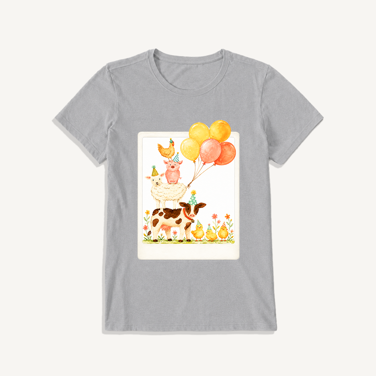 Farm Party Portrait Print Crew Neck Cotton Tee