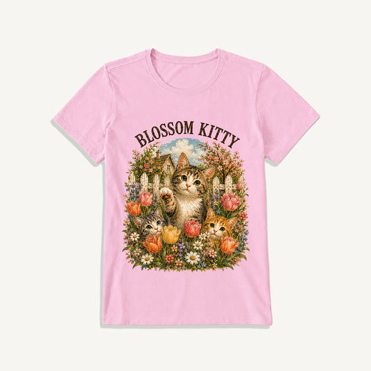 Blossom Kitty Cottage Print Crew Neck Cotton Tee