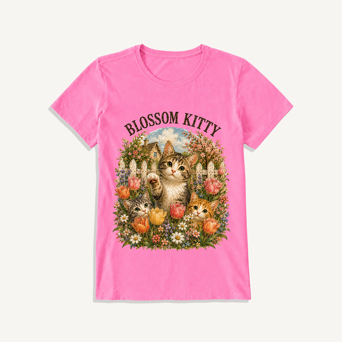 Blossom Kitty Cottage Print Crew Neck Cotton Tee