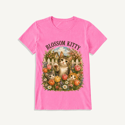 Blossom Kitty Cottage Print Crew Neck Cotton Tee