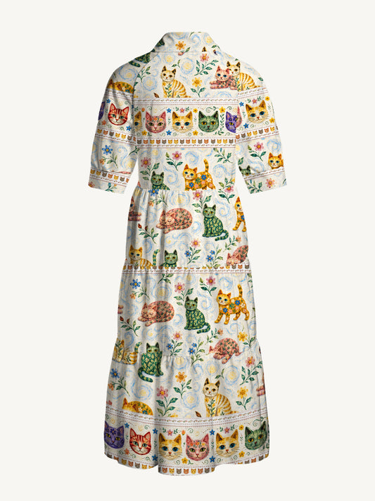 V Neck Collared Starry Night Cat Whisper Print Casual Midi Dress With Pockets