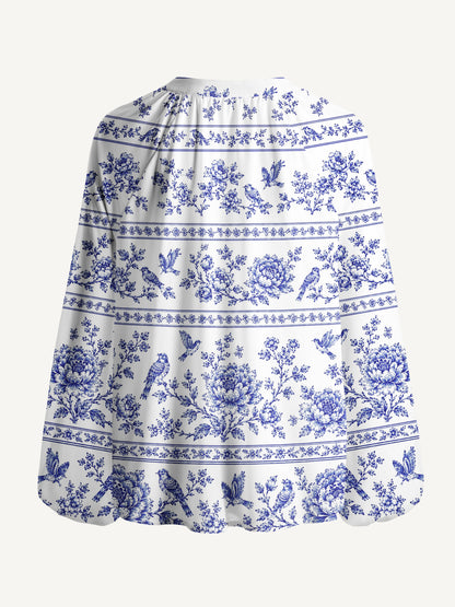 Bluebird Blossom Toile Print Boho Long Sleeve Tie‑Neck Blouse