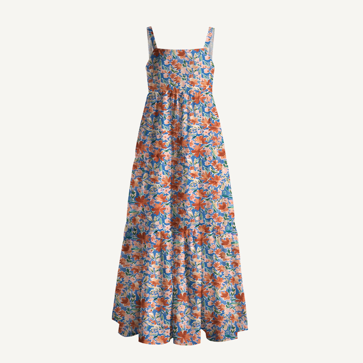 Retro Orange Flower Meadow Print Wide Straps Maxi Dress With Pockets