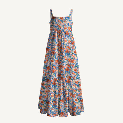 Retro Orange Flower Meadow Print Wide Straps Maxi Dress With Pockets
