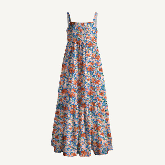 Retro Orange Flower Meadow Print Wide Straps Maxi Dress With Pockets