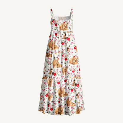 Meadow Highland Cow Print Wide Straps Maxi Dress With Pockets