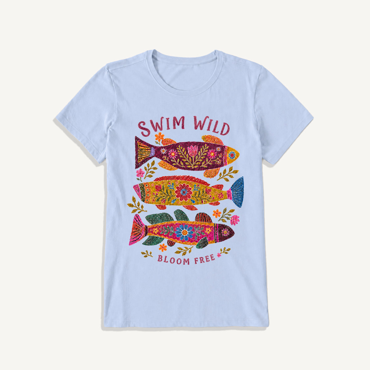 Folk Floral Fish Print Crew Neck Cotton Tee