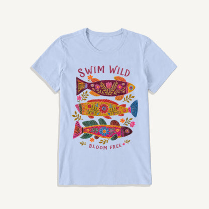 Folk Floral Fish Print Crew Neck Cotton Tee