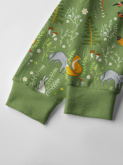 Lightweight Crew Neck Long‑Sleeve Cropped Whimsical Woodland Animals Print Fine‑Knit Cardigan