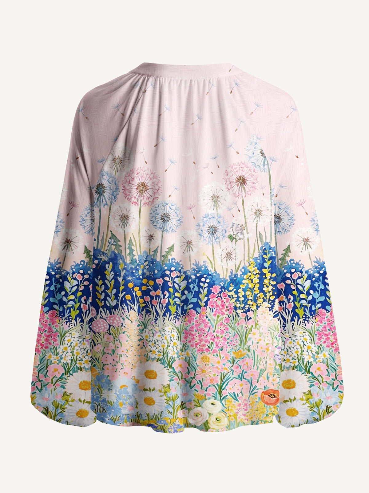 Moonlit Dandelion Garden Print Boho Long Sleeve Tie‑Neck Blouse