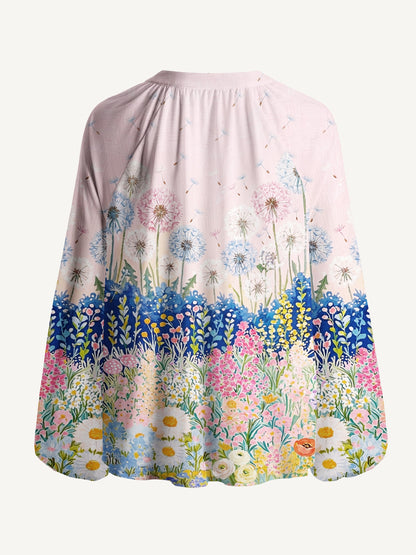 Moonlit Dandelion Garden Print Boho Long Sleeve Tie‑Neck Blouse