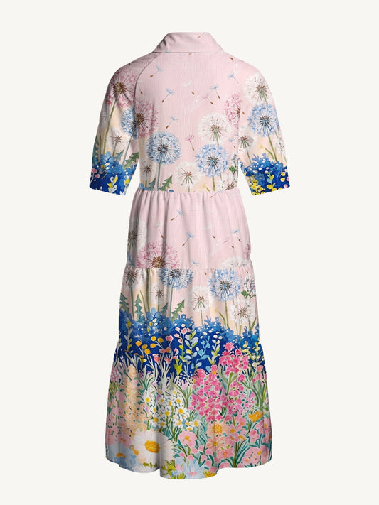 V Neck Collared Moonlit Dandelion Garden Print Casual Midi Dress With Pockets