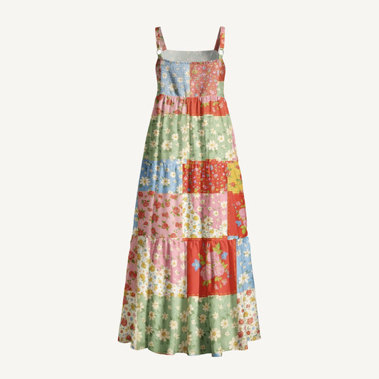 Vintage Flower Print Quilt Wide Straps Maxi Dress With Pockets