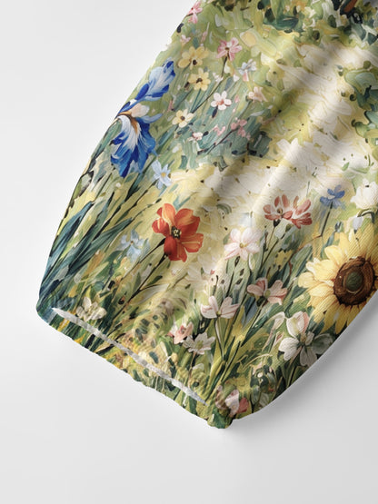 Starlit Flower Pat Print Boho Long Sleeve Tie‑Neck Blouse