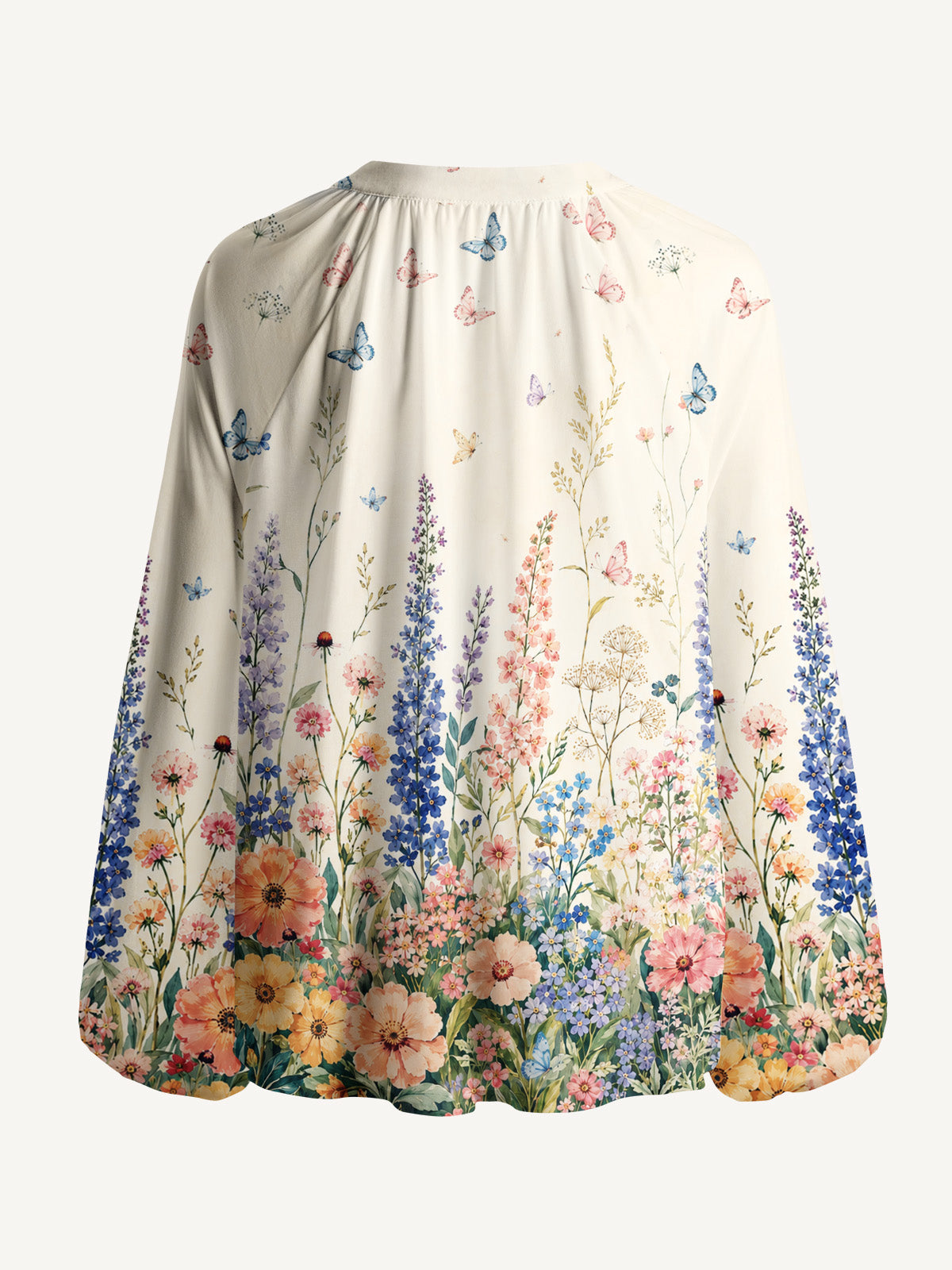 Morning Wildflower Path Print Boho Long Sleeve Tie‑Neck Blouse