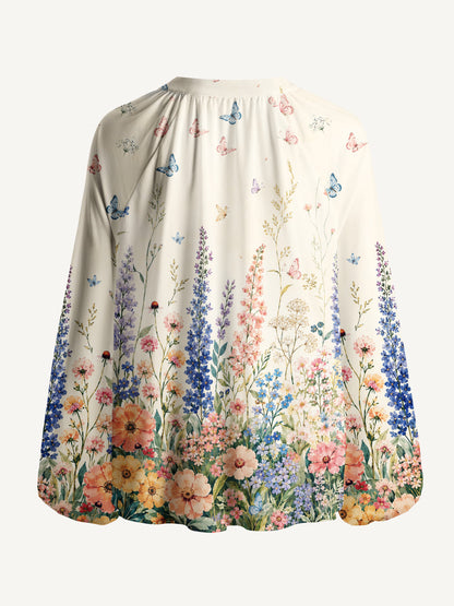 Morning Wildflower Path Print Boho Long Sleeve Tie‑Neck Blouse