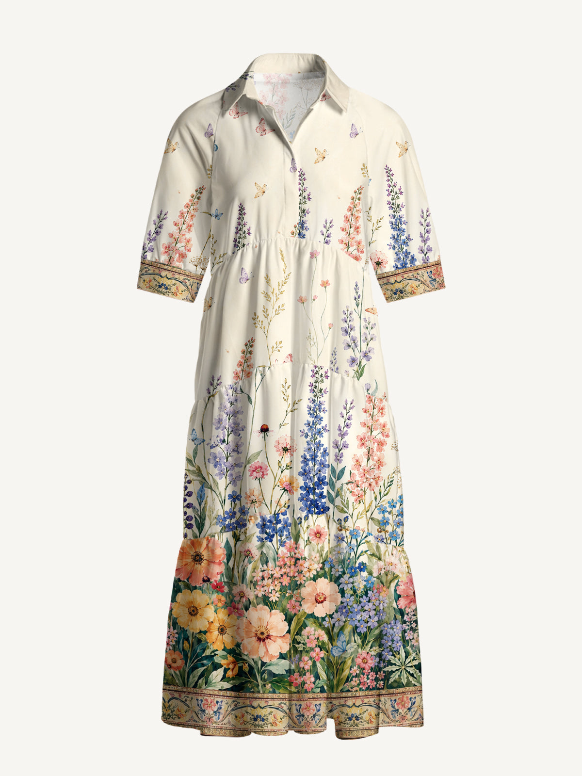 V Neck Collared Morning Wildflower Path Print Casual Midi Dress With Pockets