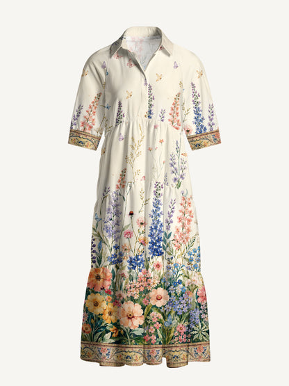 V Neck Collared Morning Wildflower Path Print Casual Midi Dress With Pockets