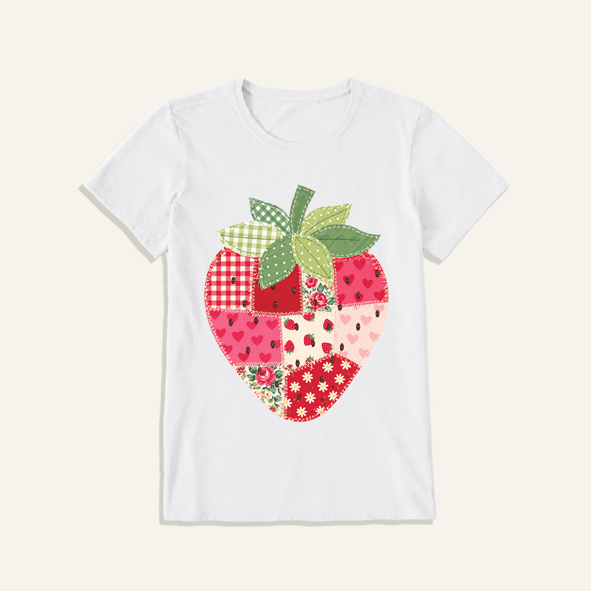 Folk Patchwork Strawberry Print Crew Neck Cotton Tee