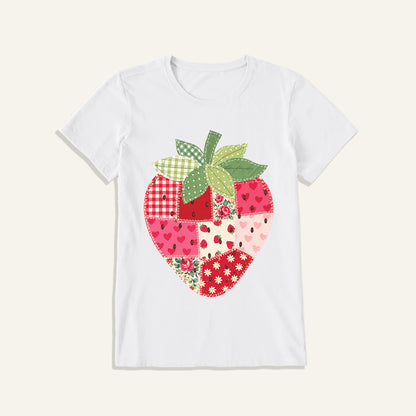 Folk Patchwork Strawberry Print Crew Neck Cotton Tee