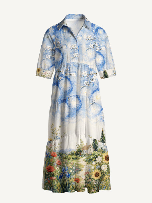 V Neck Collared Starlit Flower Pat Print Casual Midi Dress With Pockets